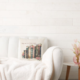 Cozy Literary Decor with Books & Floral Accents Cushion