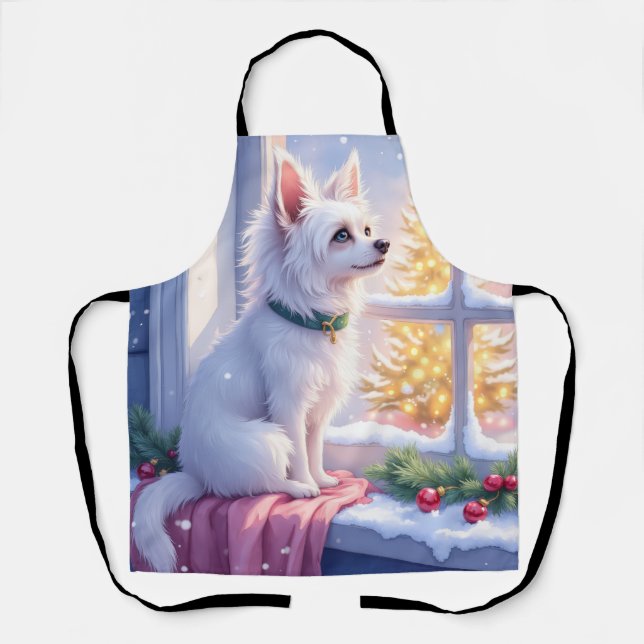 Cozy Maltese by Snowy Window Christmas Dog Art Apron (Front)