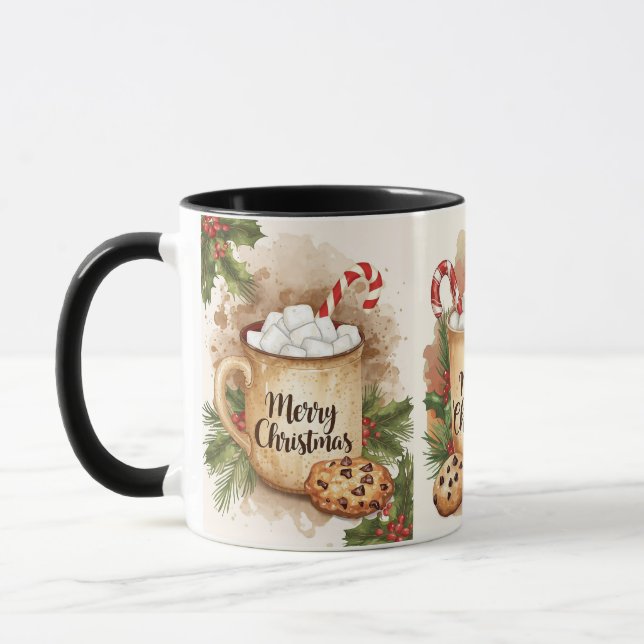 Cozy marshmallow merry Christmas holly festive Mug (Left)