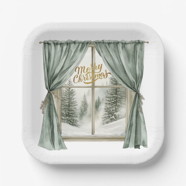 Cozy Merry Christmas Paper Plate  Winter Window (Front)