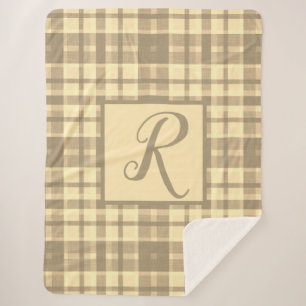 Cozy modern muted beige and brown plaid monogram sherpa blanket