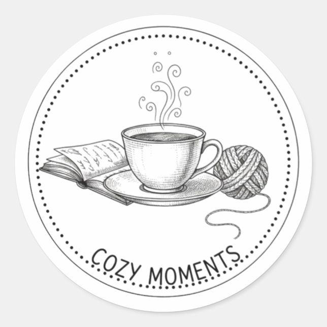 Cozy Moments Coffee Book & Knitting Minimal ART Classic Round Sticker (Front)