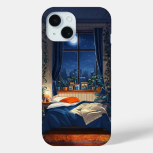 Cozy Night Bedroom Full Moon  iPhone 15 Case