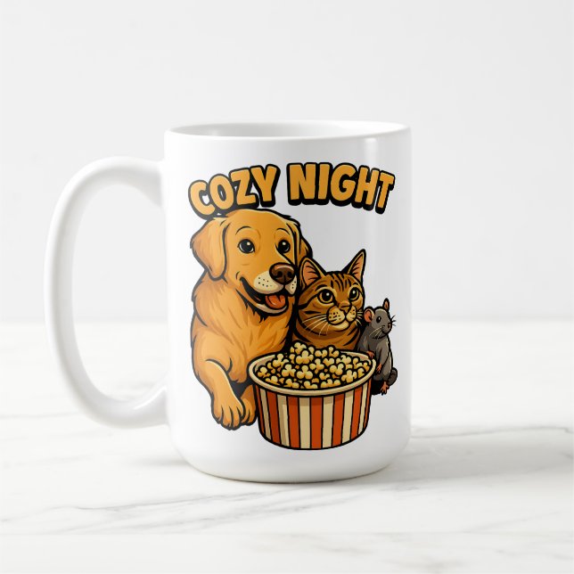 Cozy Night Movie Time – Cute Dog,Cat,Mouse Popcorn Coffee Mug (Left)