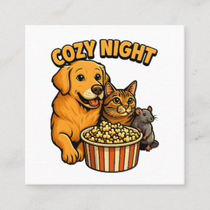 Cozy Night Movie Time – Cute Dog,Cat,Mouse Popcorn Square Business Card