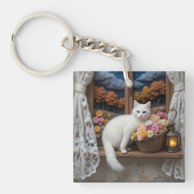 Cozy Nighttime Window Scene Key Ring (Front)
