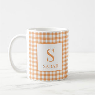 Cozy Orange Gingham Plaid Monogram Name Coffee Mug