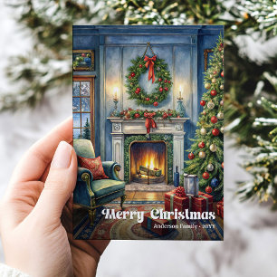 Cozy painted Christmas interior in warm vintage Holiday Card