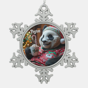 Cozy Panda in Christmas Pajamas Personalized Snowflake Pewter Christmas Ornament