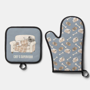 Cozy Paws Collection Silver Blue Oven Mitt & Pot Holder Set