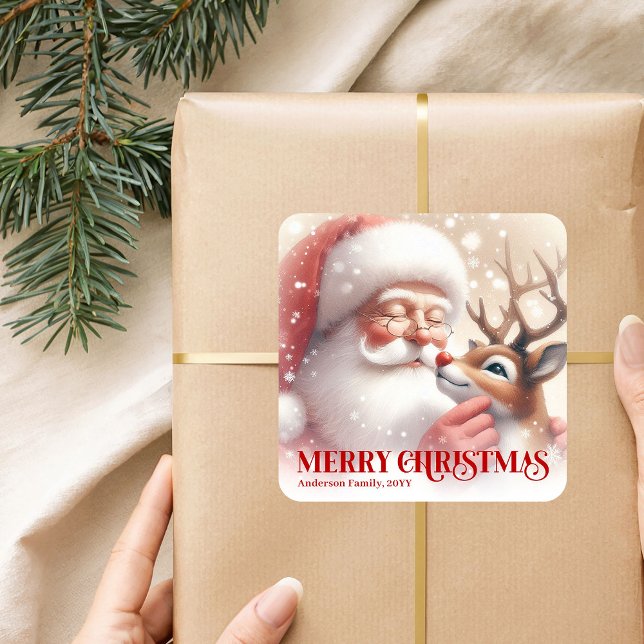 Cozy Personalized Santa and Rudolph Christmas Gift Square Sticker (Cozy Personalized Santa and Rudolph Christmas Gift Sticker)