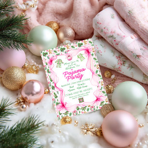 Cozy Pink & Green Coquette Christmas Pajama Party Invitation
