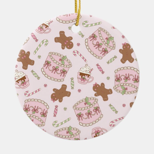 Cozy Pink Pastel Cake & Bow Christmas Apron Ceramic Ornament (Front)
