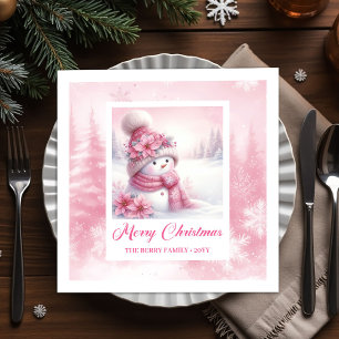 Cozy Pink Snowman Kids Pinkmas Winter Forest Scene Napkin