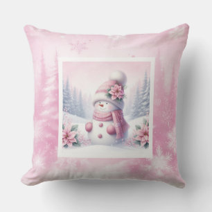 Cozy Pink Snowman Pinkmas Winter Scene Kids Pillow