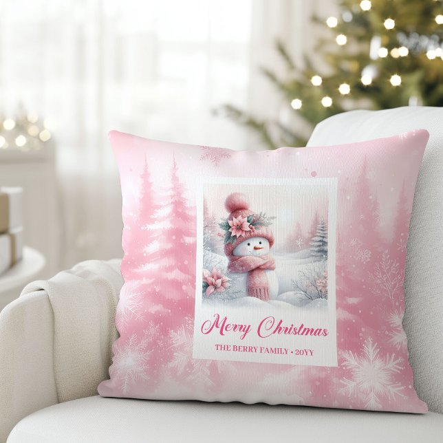 Cozy Pink Snowman Winter Scene Christmas Pillow (Cozy Pink Snowman Winter Scene Christmas Pillow)