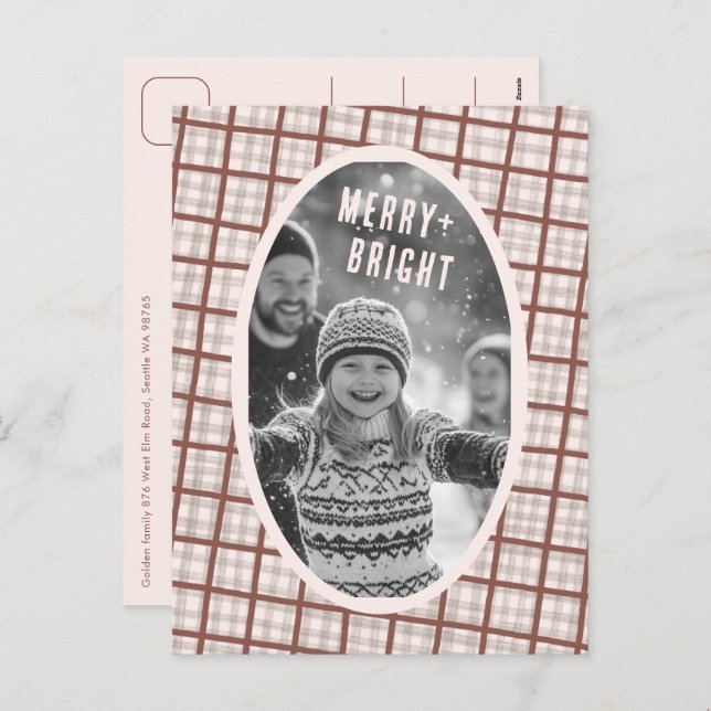 Cozy Plaid Gingham Christmas Custom Photo Collage Holiday Postcard (Front/Back)