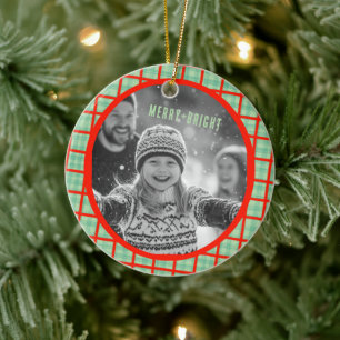 Cozy Plaid Gingham Christmas Custom Photos Ceramic Ornament