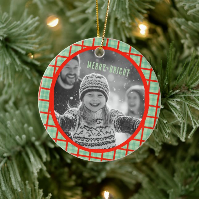 Cozy Plaid Gingham Christmas Custom Photos Ceramic Ornament (Tree)