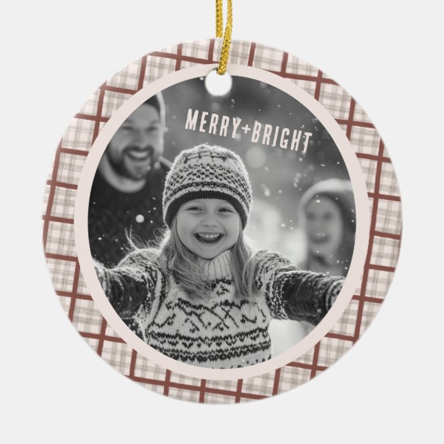 Cozy Plaid Gingham Christmas Custom Photos Ceramic Ornament (Front)