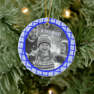 Cozy Plaid Gingham Christmas Custom Photos Ceramic Ornament