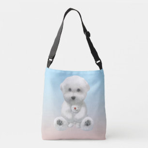 Cozy Plush Moment: Smiling Bichon Hugging Mini Pup Crossbody Bag