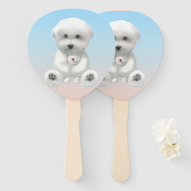 Cozy Plush Moment: Smiling Bichon Hugging Mini Pup Hand Fan (Front and Back)