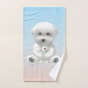 Cozy Plush Moment: Smiling Bichon Hugging Mini Pup Hand Towel