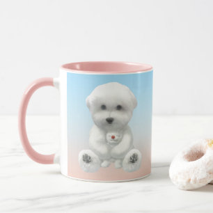 Cozy Plush Moment: Smiling Bichon Hugging Mini Pup Mug