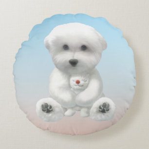 Cozy Plush Moment: Smiling Bichon Hugging Mini Pup Round Cushion