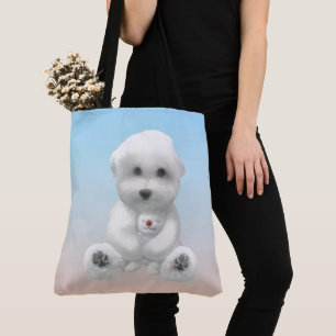 Cozy Plush Moment: Smiling Bichon Hugging Mini Pup Tote Bag