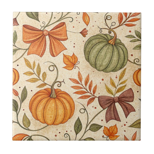 Cozy Pumpkin Botanical Autumn Seamless Pattern (1) Ceramic Tile (Front)