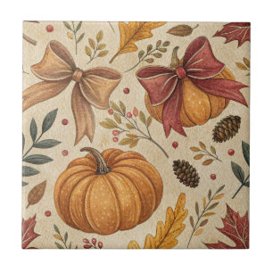 Cozy Pumpkin Botanical Autumn Seamless Pattern (4) Ceramic Tile