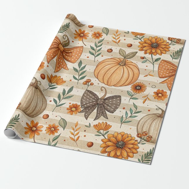 Cozy Pumpkin Botanical Autumn Seamless Pattern (5) Wrapping Paper (Unrolled)