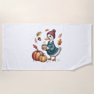 Cozy Pumpkin Coffee Goose Fall Art Beach Towel