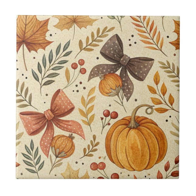 Cozy Pumpkin Floral Autumn Seamless Pattern (2) Ceramic Tile (Front)