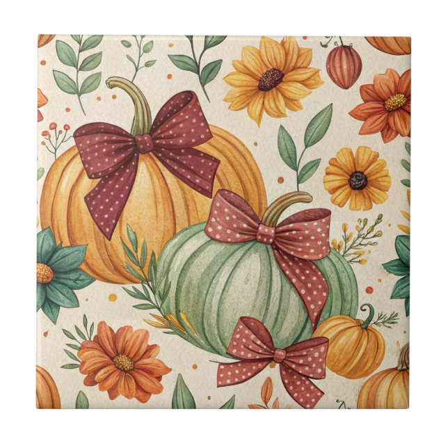 Cozy Pumpkin Floral Autumn Seamless Pattern Ceramic Tile (Front)