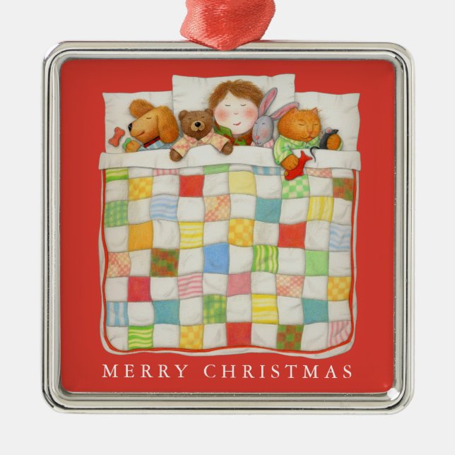 COZY QUILT Premium Square Ornament / Red (Front)
