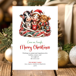 Cozy Quirky Cows Playful Christmas Greeting Card P