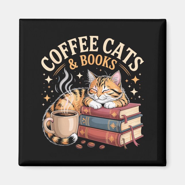 Cozy Reading Cat Coffee And Books Lover Artwork  Magnet (Front)