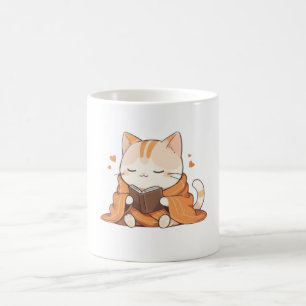 Cozy Reading Cat Kawaii Bookworm Kitten Design Coffee Mug