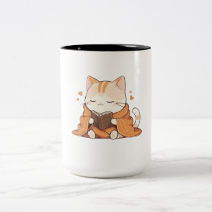 Cozy Reading Cat Kawaii Bookworm Kitten Design Two-Tone Coffee Mug