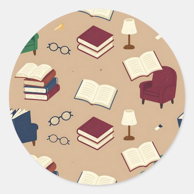 Cozy Reading Nook Books Pattern Classic Round Sticker (Front)