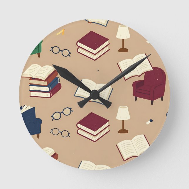 Cozy Reading Nook Books Pattern Round Clock (Front)