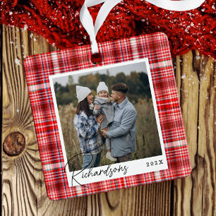 Cozy Red and White Plaid fabric Family Photo Metal Tree Decoration