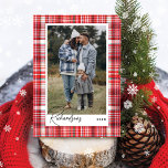 Cozy Red and White Plaid Flannel Family Photo Holiday Card<br><div class="desc">Red & white plaid flannel fabric photo holiday card. The design features a faux red and white plaid flannel fabric texture design with hints of light pink. Personalize with your special photo,  and customize with your last name and year. Designed by Moodthology Papery</div>