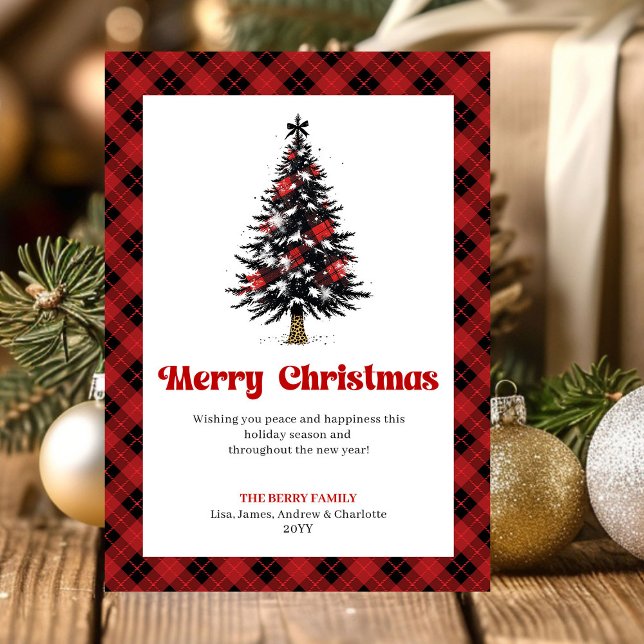 Cozy Red Black Tartan Christmas Tree Greeting Holiday Card (Cozy Red Black Tartan Christmas Tree Greeting)