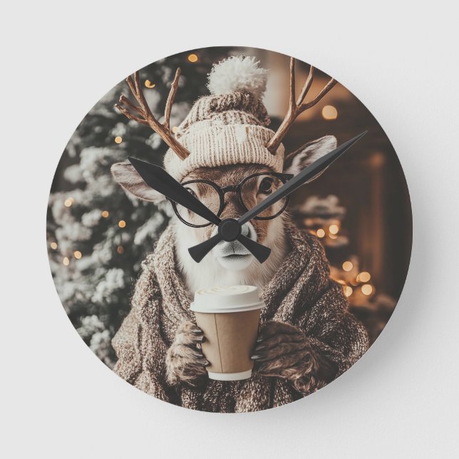 Cozy Reindeer Wall Clock with Coffee - Festive Win (Front)