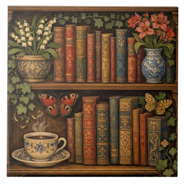 Cozy retro book shelf botanical coffee tea lover ceramic tile (Front)