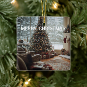 Cozy Room Christmas ,Fireplace, Tree and Stockings Ceramic Ornament